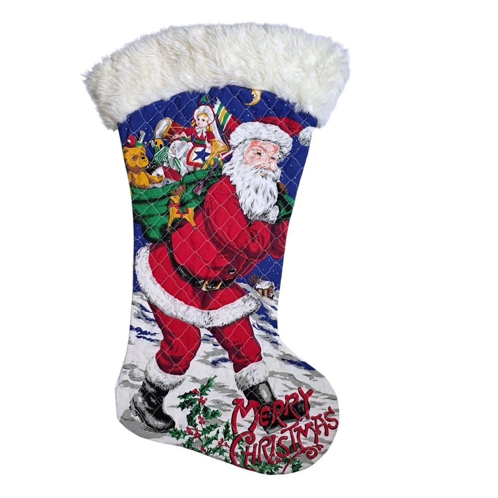 Vtg Western Home Products Santa Claus Quilted XL Christmas Stocking Faux Fur